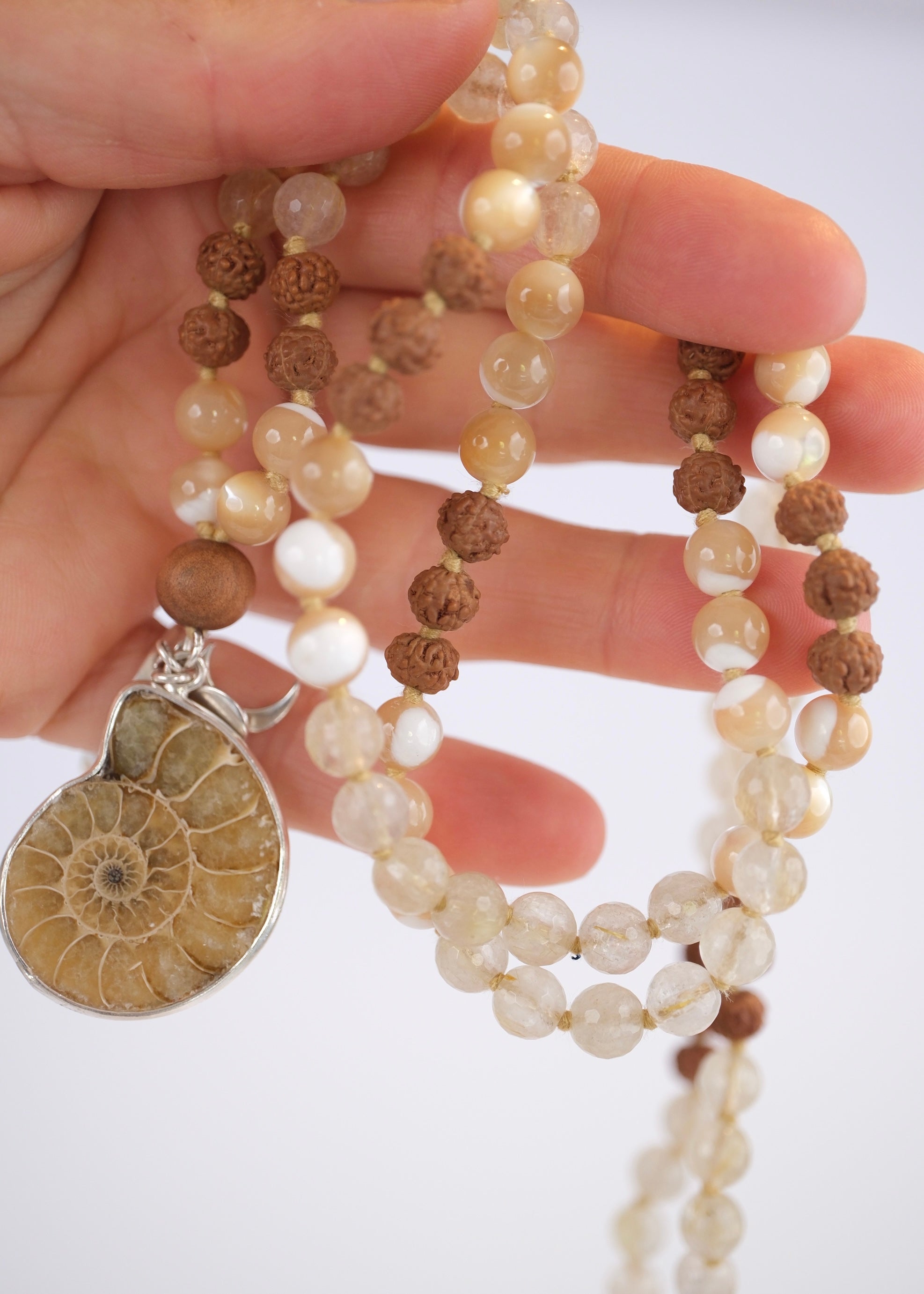 OM Eternal | Ammonite, Honey Mother of Pearl, Gold in Quartz & Rudraksha