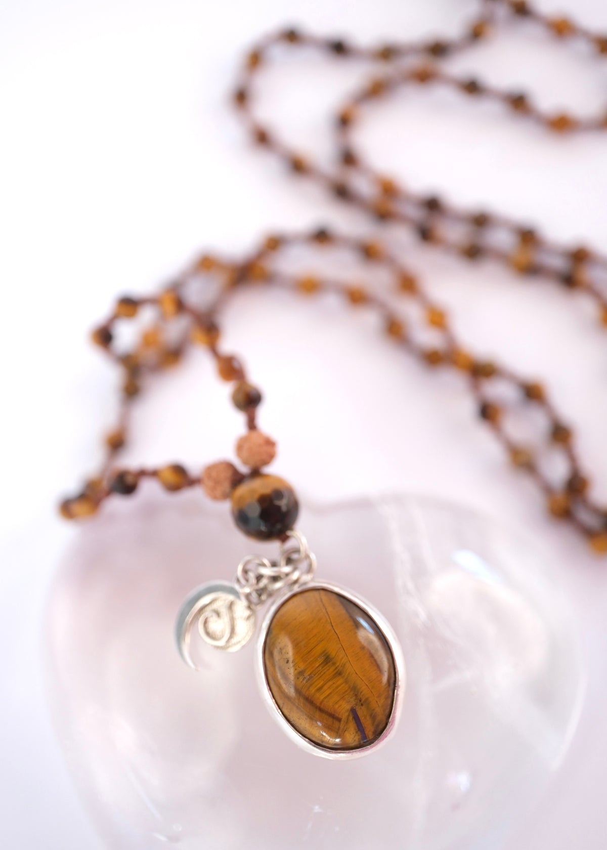 Golden tiger’s eye pendant custom set in sterling silver with Shivoham charms