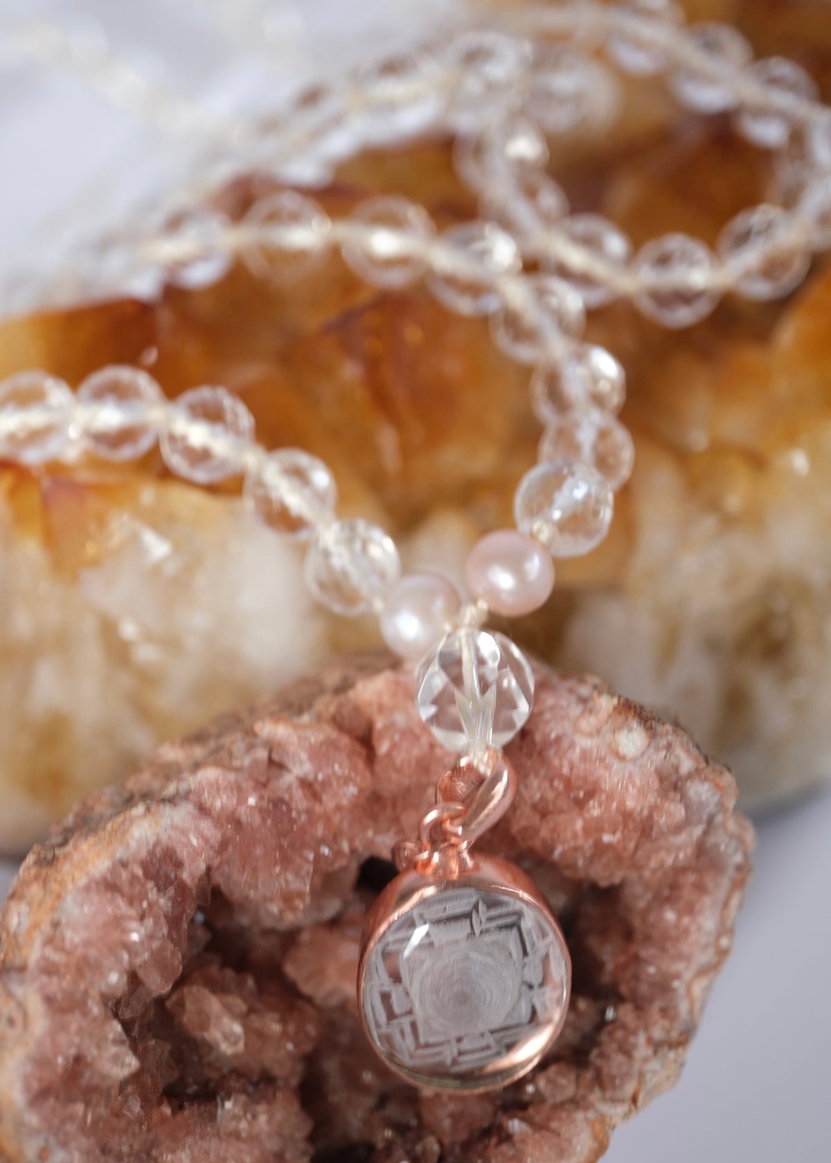 SHAKTI ‘The Mala of Pure Energy & Light’ | Himalayan Clear Quartz, Sri Yantra, Pink Pearls