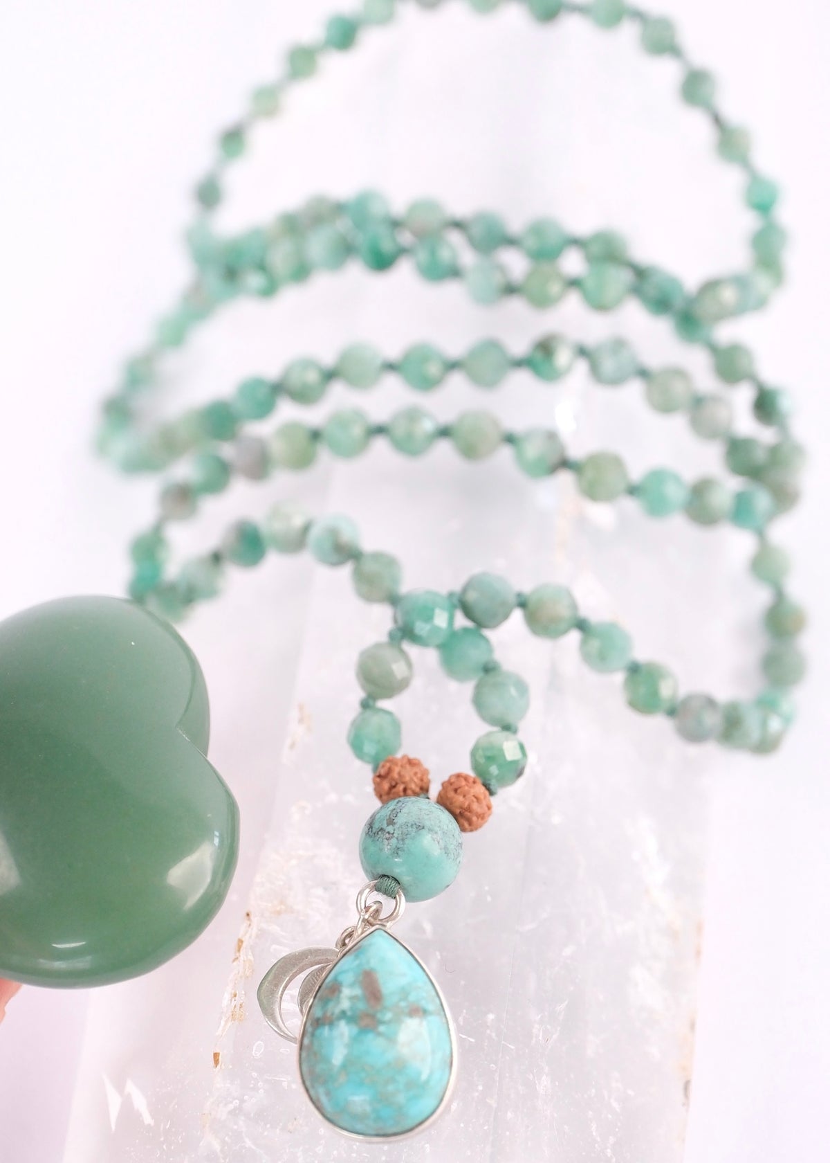 Old mine Persian turquoise pendant and guru bead on a faceted emerald mala
Fa