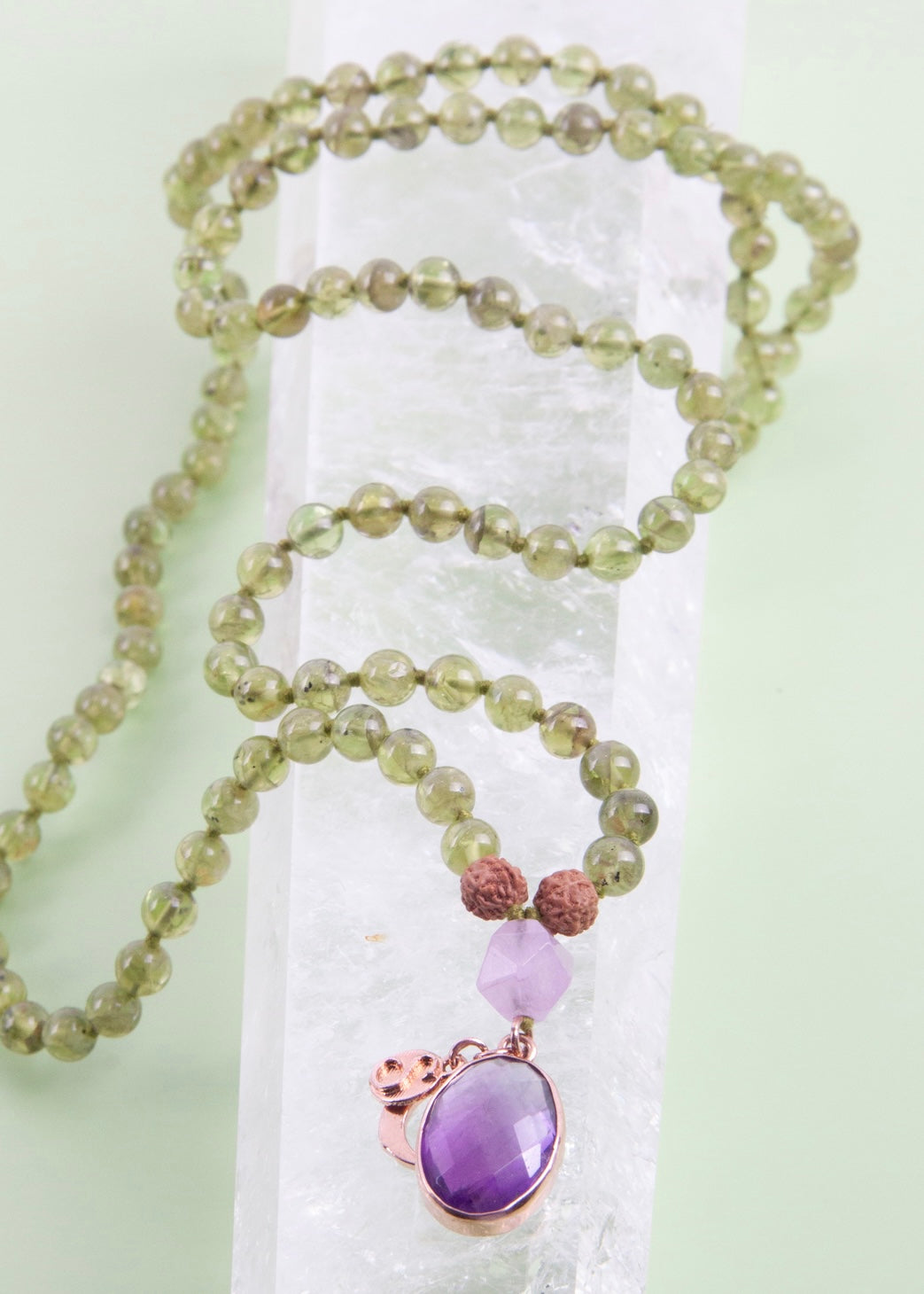 BHUVANESHWARI Protection, Preservation, Deliverance Mala | Peridot, Herkimer Amethyst, Amethyst Pendant