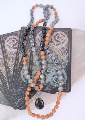 BABAJI Revered Mala | Labradorite, snow flake Jasper, Onyx & Rudraksha