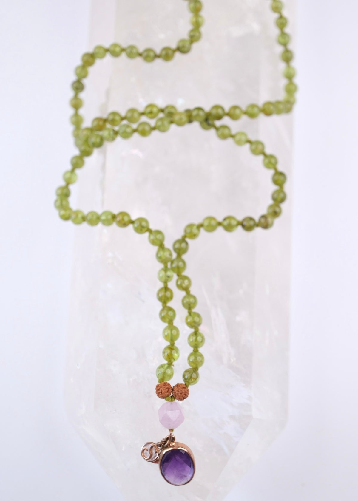 BHUVANESHWARI Protection, Preservation, Deliverance Mala | Peridot, Herkimer Amethyst, Amethyst Pendant