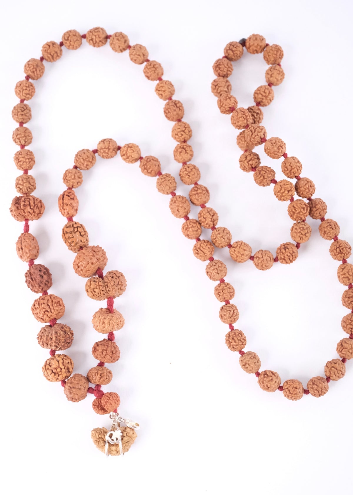 Rare Indonesian Siddha Mala Rudraksha strung as 81 beads with a Gauri Shankar guru bead and Ek Mukhi Om pendant, blessed by Ma Ganga.