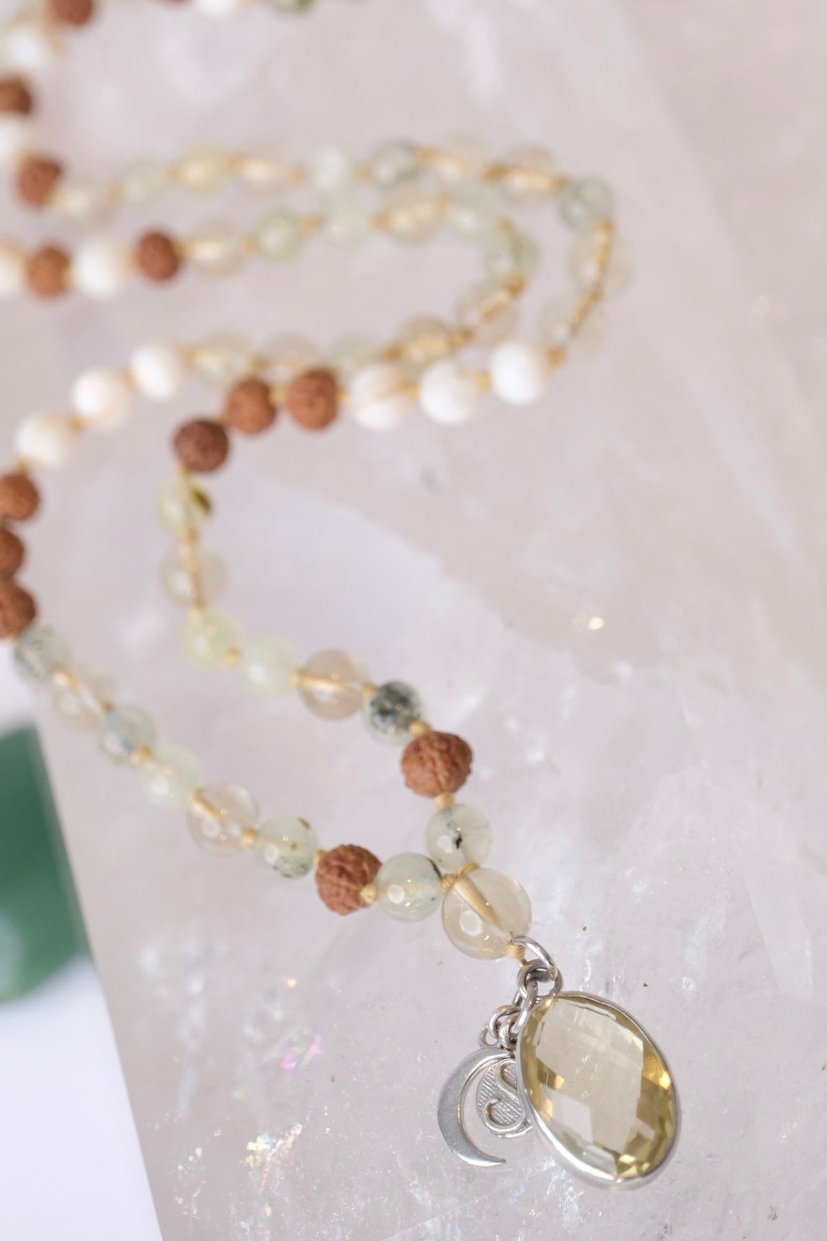 VIMANA The Traveller Insight Mala  | Prehnite, Lemon Quartz, Mother of Pearls Insight Mala