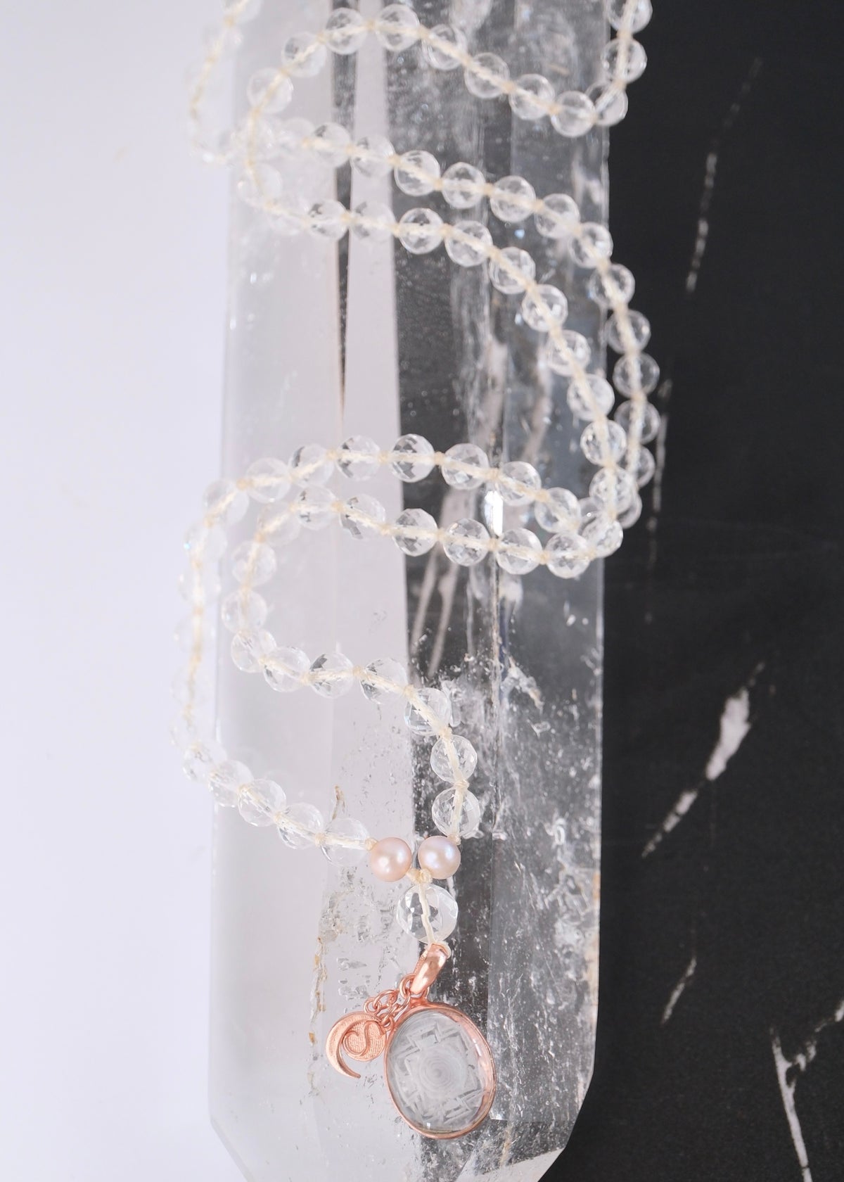 SHAKTI ‘The Mala of Pure Energy & Light’ | Himalayan Clear Quartz, Sri Yantra, Pink Pearls