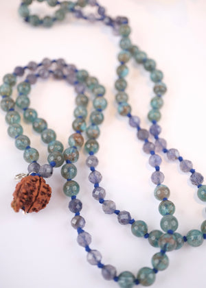 DHARMIK Sacred path mala | Rare Green Apatite, Iolite, Nepal Ganesh Rudraksha