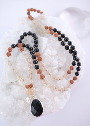 TANTRIKA 'The Energy Workers' Mala | Black Tourmaline & Golden Rutilated Quartz, Rudraksha Mala