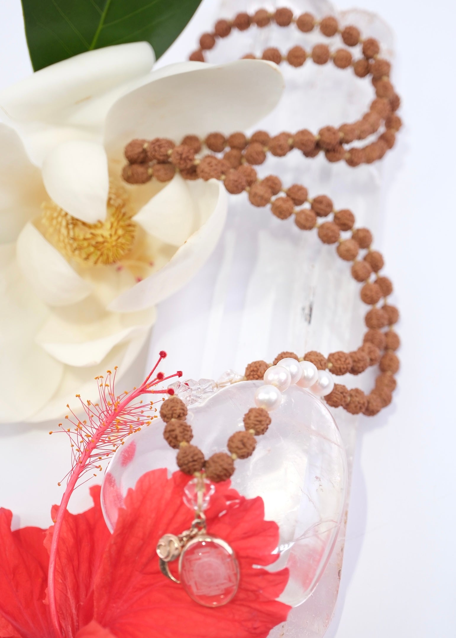 DEVI of HIMALAYA | Rudraksha with Sri Yantra Pendant, Pearl & Herkimer Quartz Diamond | For the Ultimate Spiritual Tool