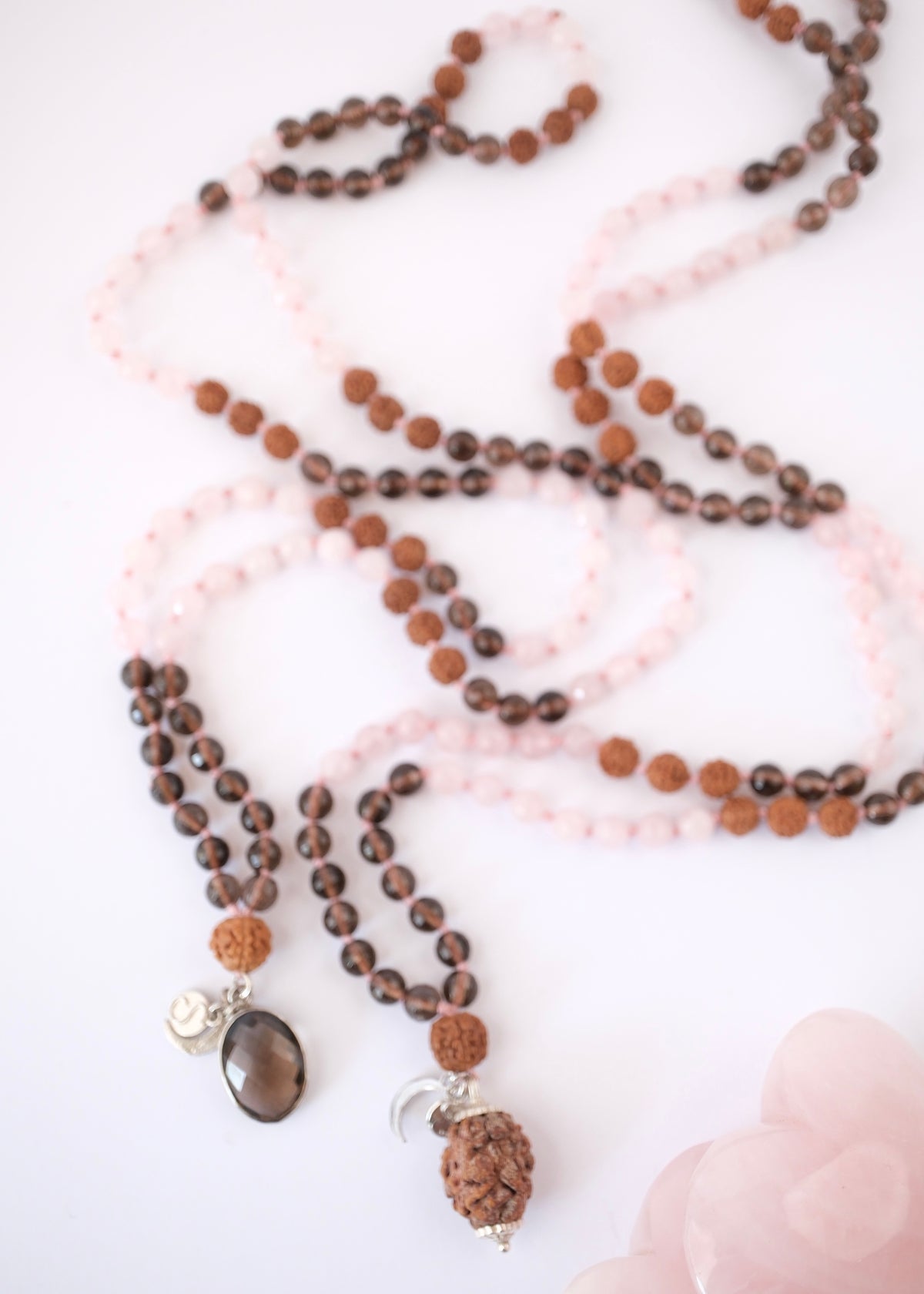 ShivShakti Mala | 2 Mukhi Rudraksha or Smoky Quartz pendant Rose &amp; Smoky Quartz