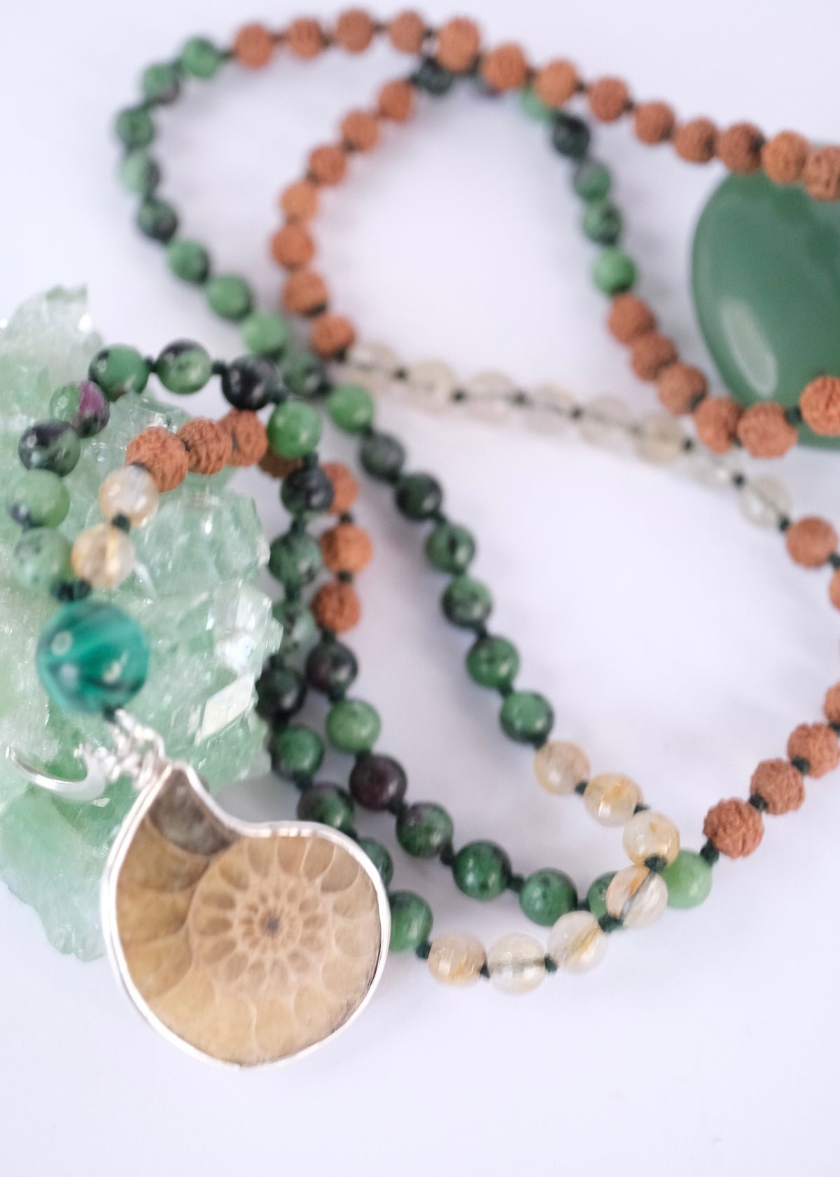 SIDDHA MAYA 'The Seers Magic Mala' | Ammonite, Ruby Zoisite, Rutile Quartz, Rudraksha