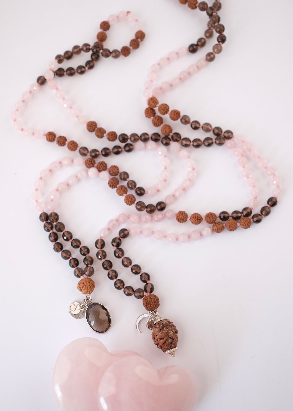 ShivShakti Mala | 2 Mukhi Rudraksha or Smoky Quartz pendant Rose &amp; Smoky Quartz