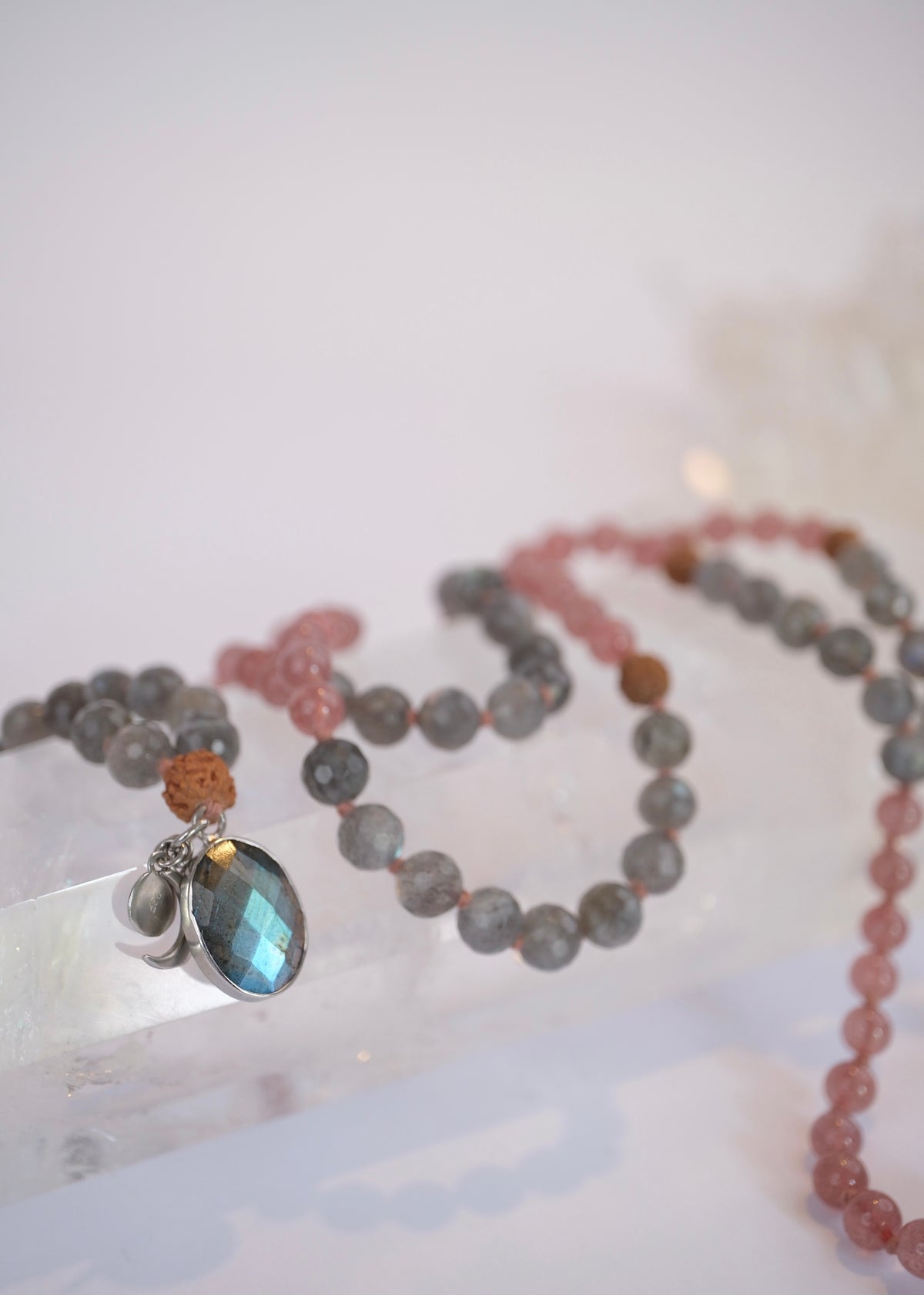 RISHI The Wise Ones Mala | Rare Strawberry Quartz, Labradorite & Rudraksha