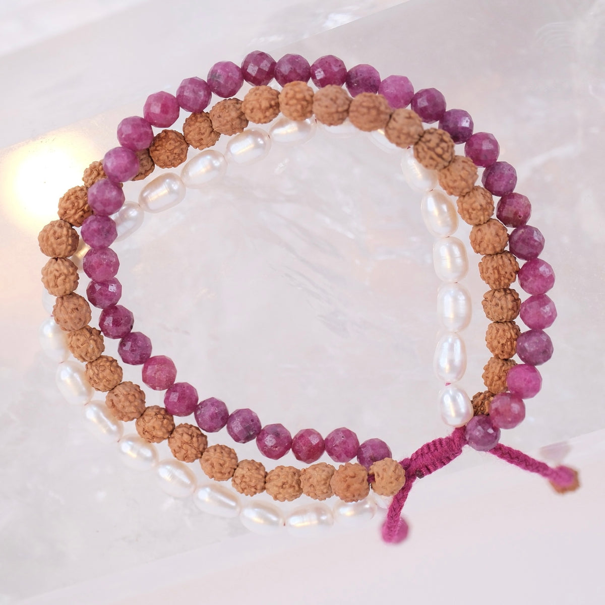 AWAKENED Three tier bracelet stack | Ruby, Pearl, Rudraksha