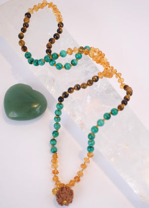 Abundance Mala | 7 Mukhi Rudraksha, rare hand cut finest Citrine, Malachite, Tigers Eye