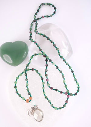 green ruby zoisite mala with green quartz and jade
