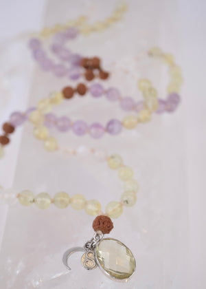 JOY Mala | Lemon & Lavender Quartz, Moonstone & Rudraksha
