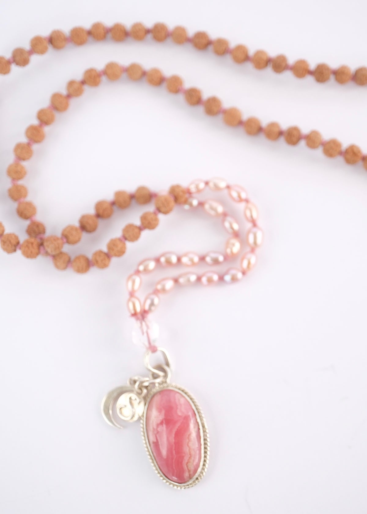 MADHURYA ‘The Grace of Divine Love’ Mala | Rhodochrosite, Akoya Pearls, Rudraksha