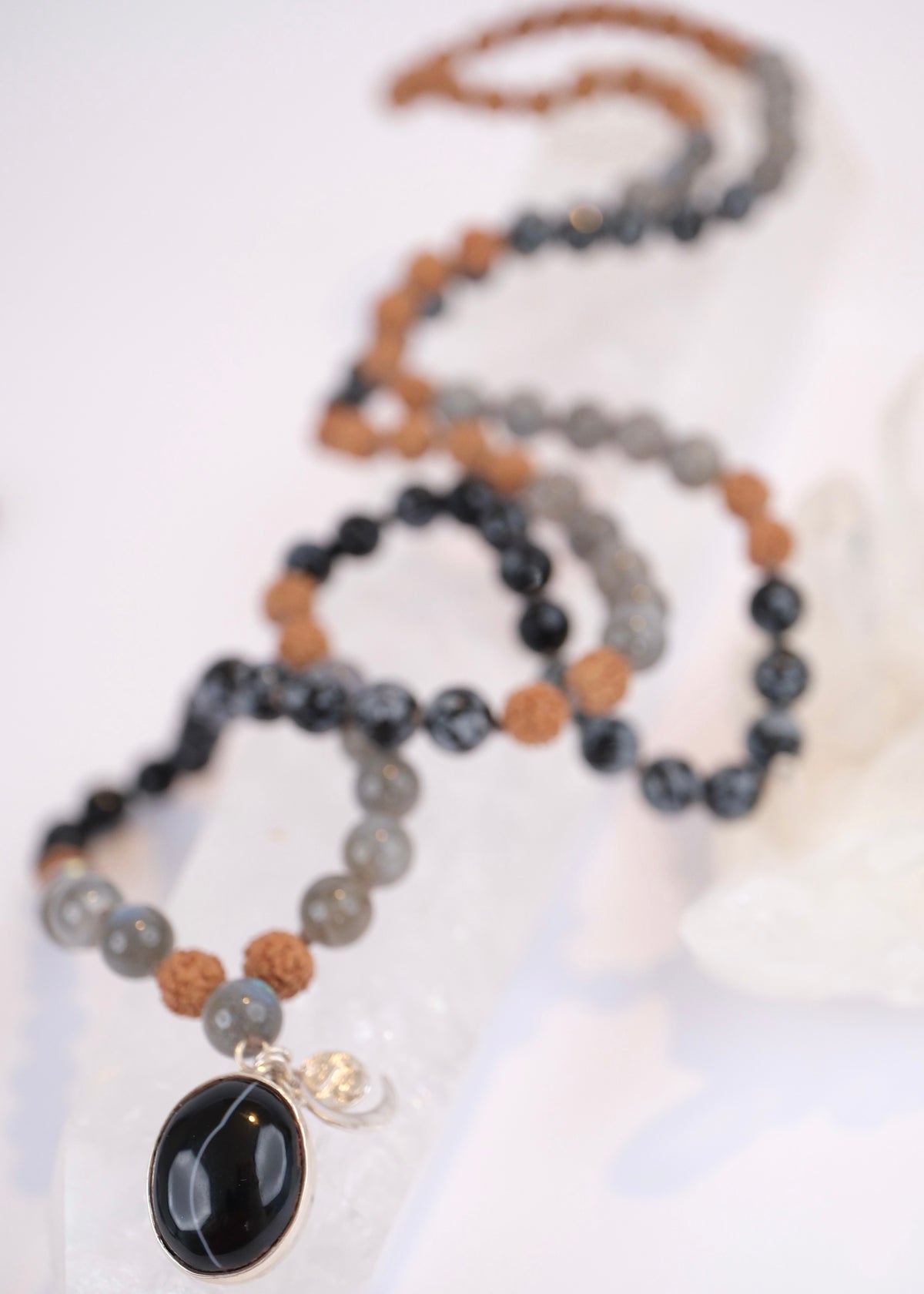 BABA Revered Mala | Labradorite, snow flake Jasper, Onyx & Rudraksha