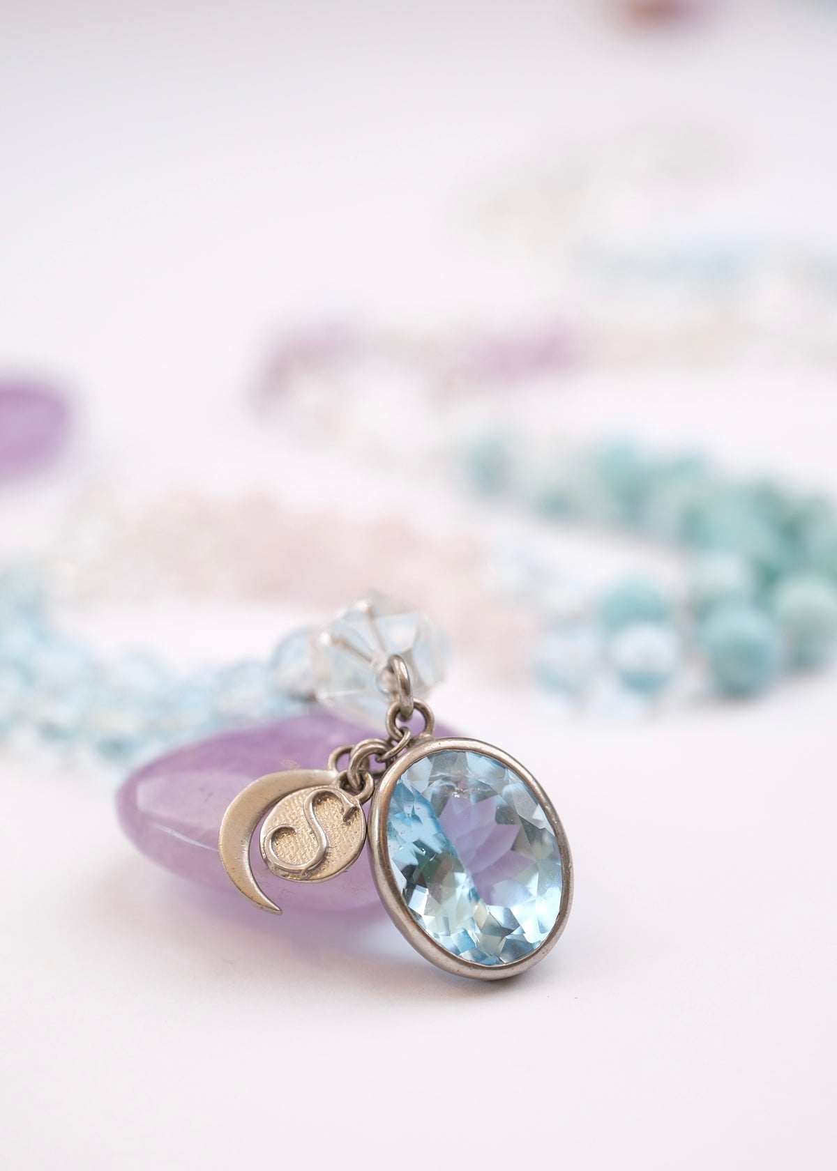 PEACE Shanti Mala | Topaz beads and pendant with Larimar, Herkimer, Kunzite &amp; Lavender Quartz