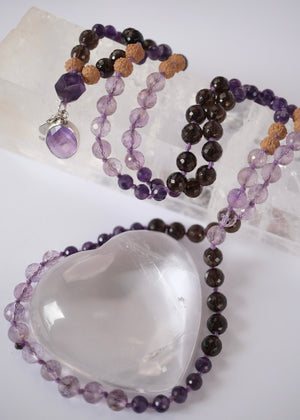 Vira Sadhaka 'Sacred Rebirth for the Spiritual Warrior' Mala | Amethyst, Smoky & Lavender Quartz, Rudraksha