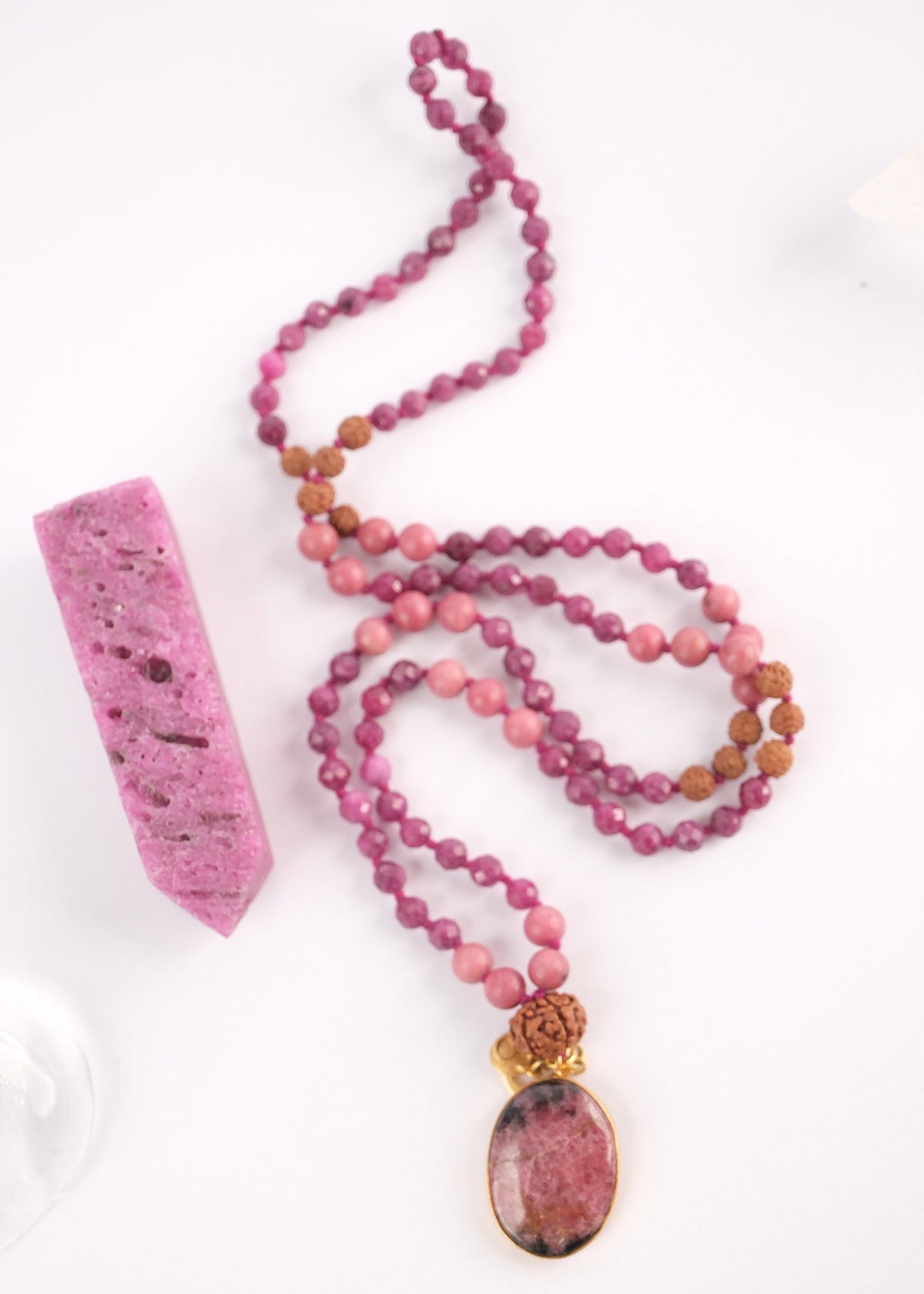 Raj Rani mala with faceted ruby, rhodonite beads and rhodonite pendant in silver and gold