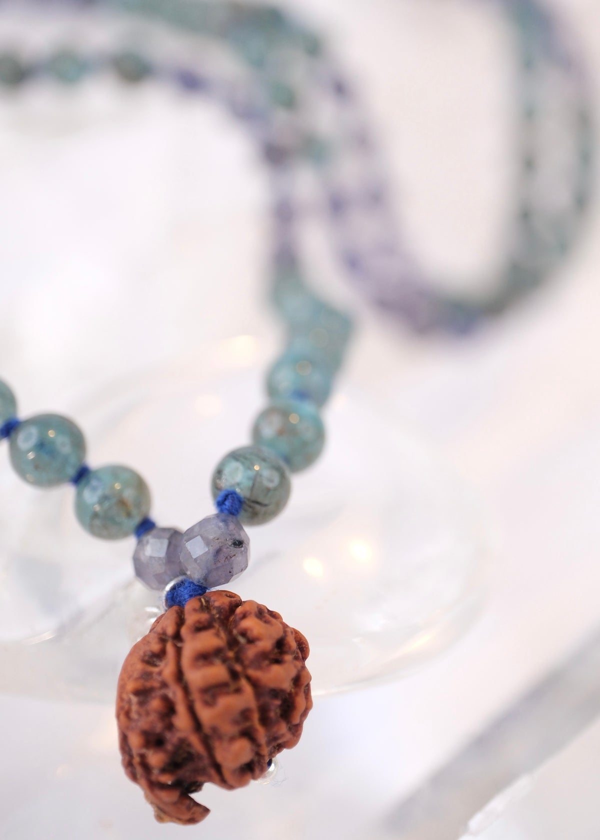 DHARMIK Sacred path mala | Rare Green Apatite, Iolite, Nepal Ganesh Rudraksha