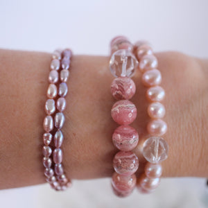 . Grace of the Moon bracelet of lustrous Akoya pearls in soft pink, lilac, and apricot hues