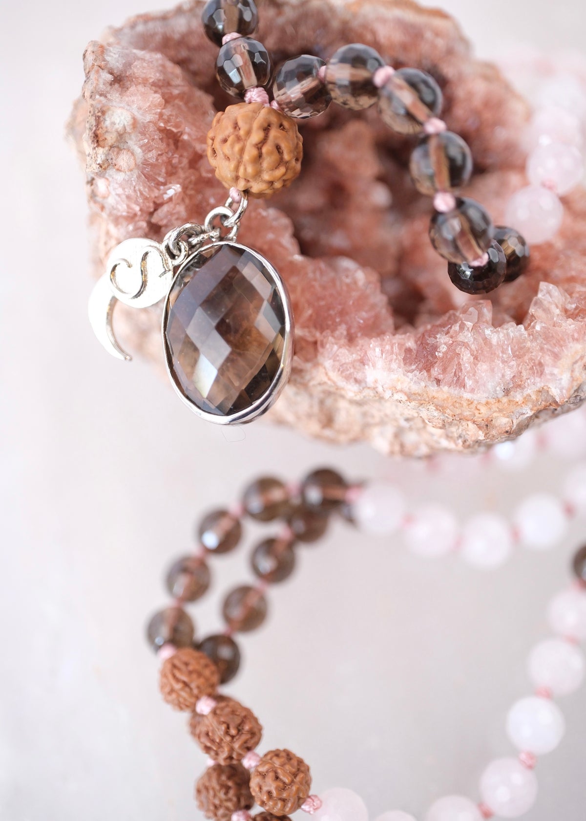ShivShakti Mala | 2 Mukhi Rudraksha or Smoky Quartz pendant Rose &amp; Smoky Quartz