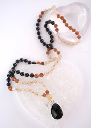 TANTRIKA 'The Energy Workers' Mala | Black Tourmaline & Golden Rutilated Quartz, Rudraksha Mala