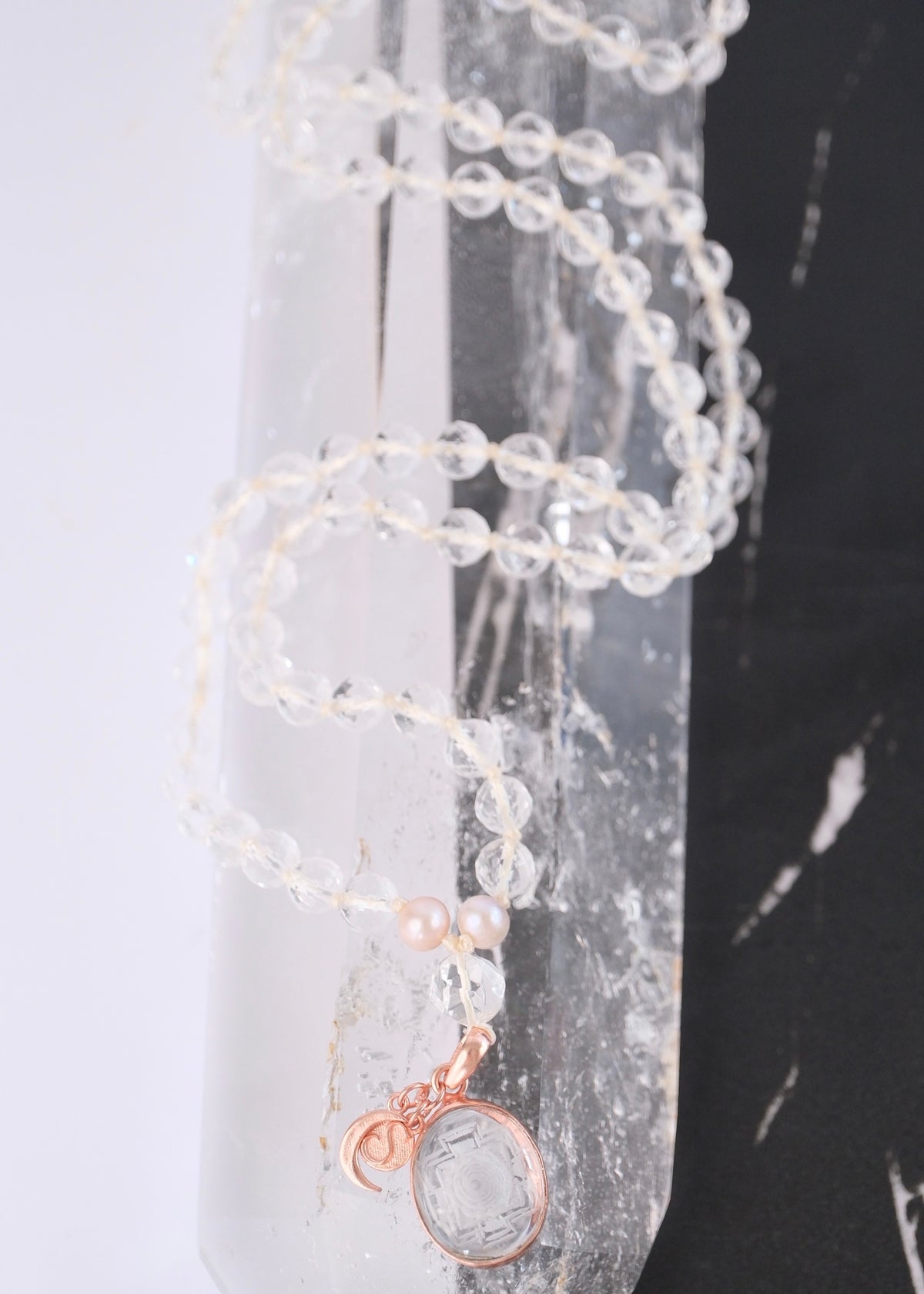 SHAKTI ‘The Mala of Pure Energy & Light’ | Himalayan Clear Quartz, Sri Yantra, Pink Pearls