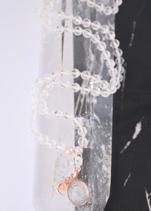 SHAKTI ‘The Mala of Pure Energy & Light’ | Himalayan Clear Quartz, Sri Yantra, Pink Pearls