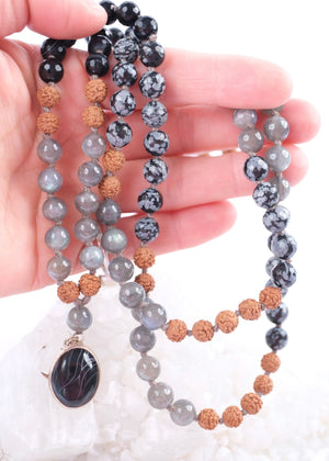 BABAJI Revered Mala | Labradorite, snow flake Jasper, Onyx & Rudraksha
