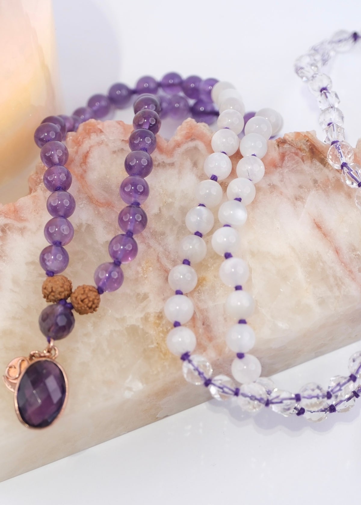 AURA Cleanse Mala | Amethyst, Moonstone, Himalaya Quartz