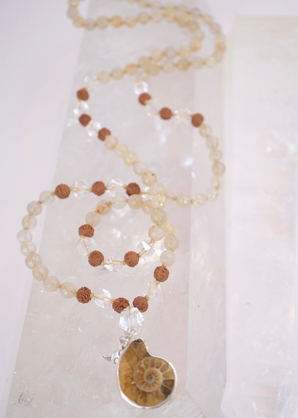 SAGE’s Mala | Ammonite, Gold in Quartz, Herkimer & Rudraksha