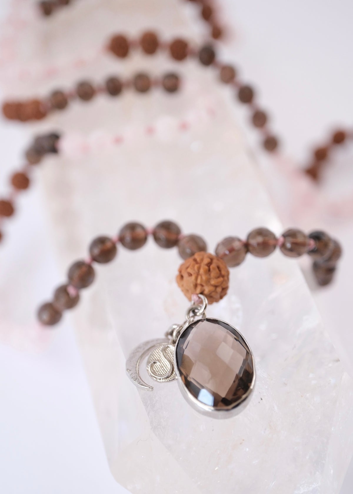 ShivShakti Mala | 2 Mukhi Rudraksha or Smoky Quartz pendant Rose &amp; Smoky Quartz