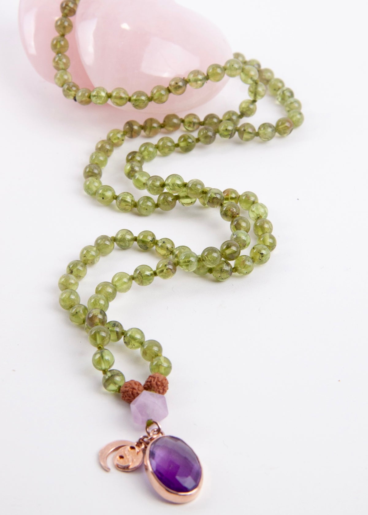 BHUVANESHWARI Mala Protection, Preservation, Deliverance Mala | Peridot, Herkimer Amethyst (rare), Amethyst Pendant