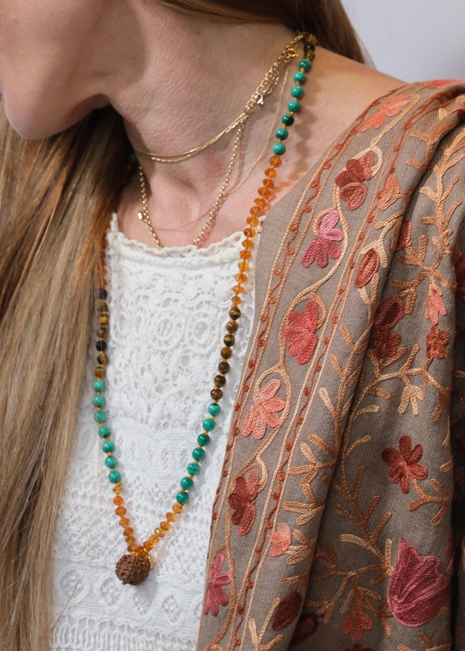 Abundance Mala | 7 Mukhi Rudraksha, rare hand cut finest Citrine, Malachite, Tigers Eye