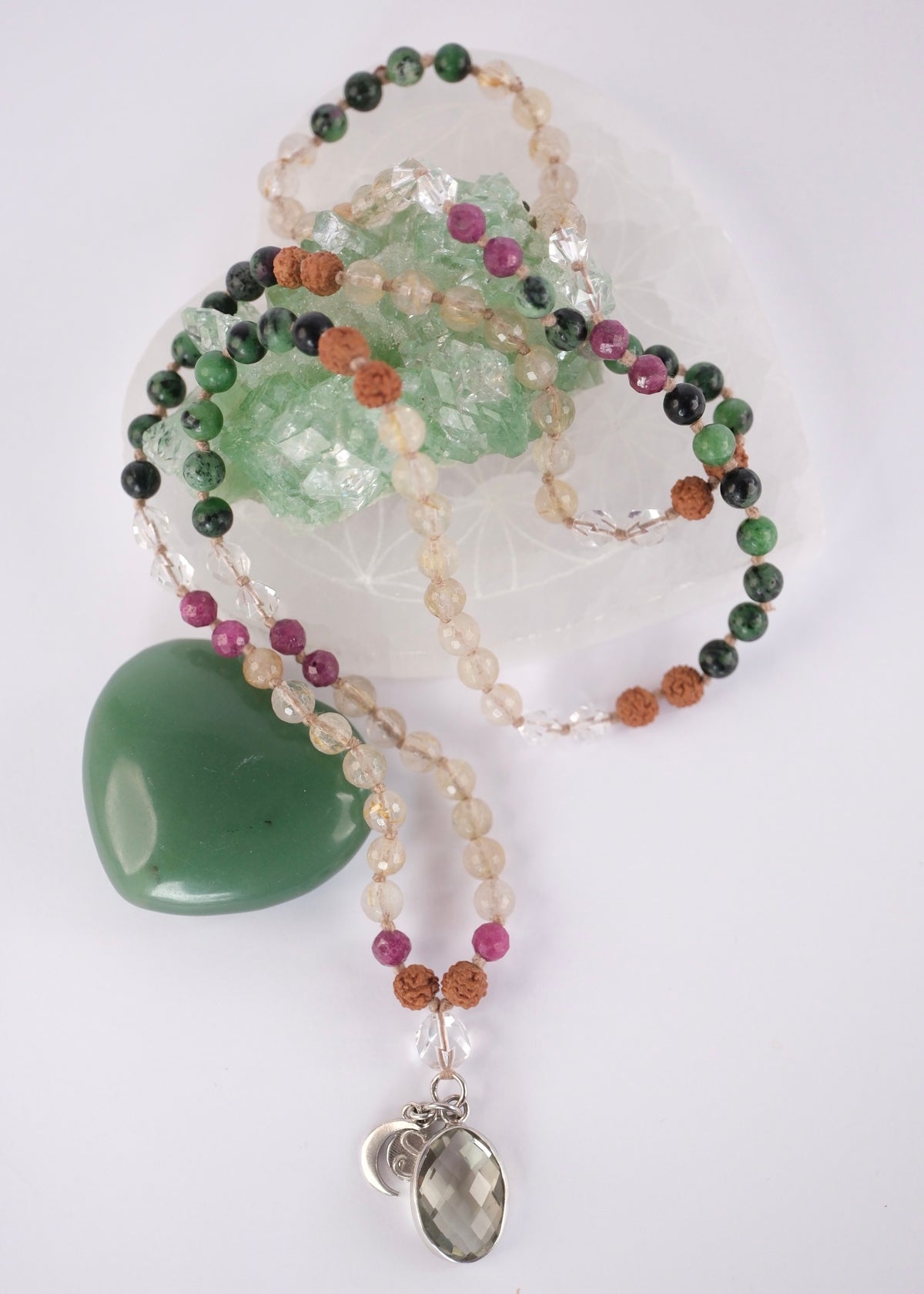 Green and red ruby zoisite prayer mala for life force, vitality, and awakening, threaded with golden rutilated quartz and clear Herkimer light.