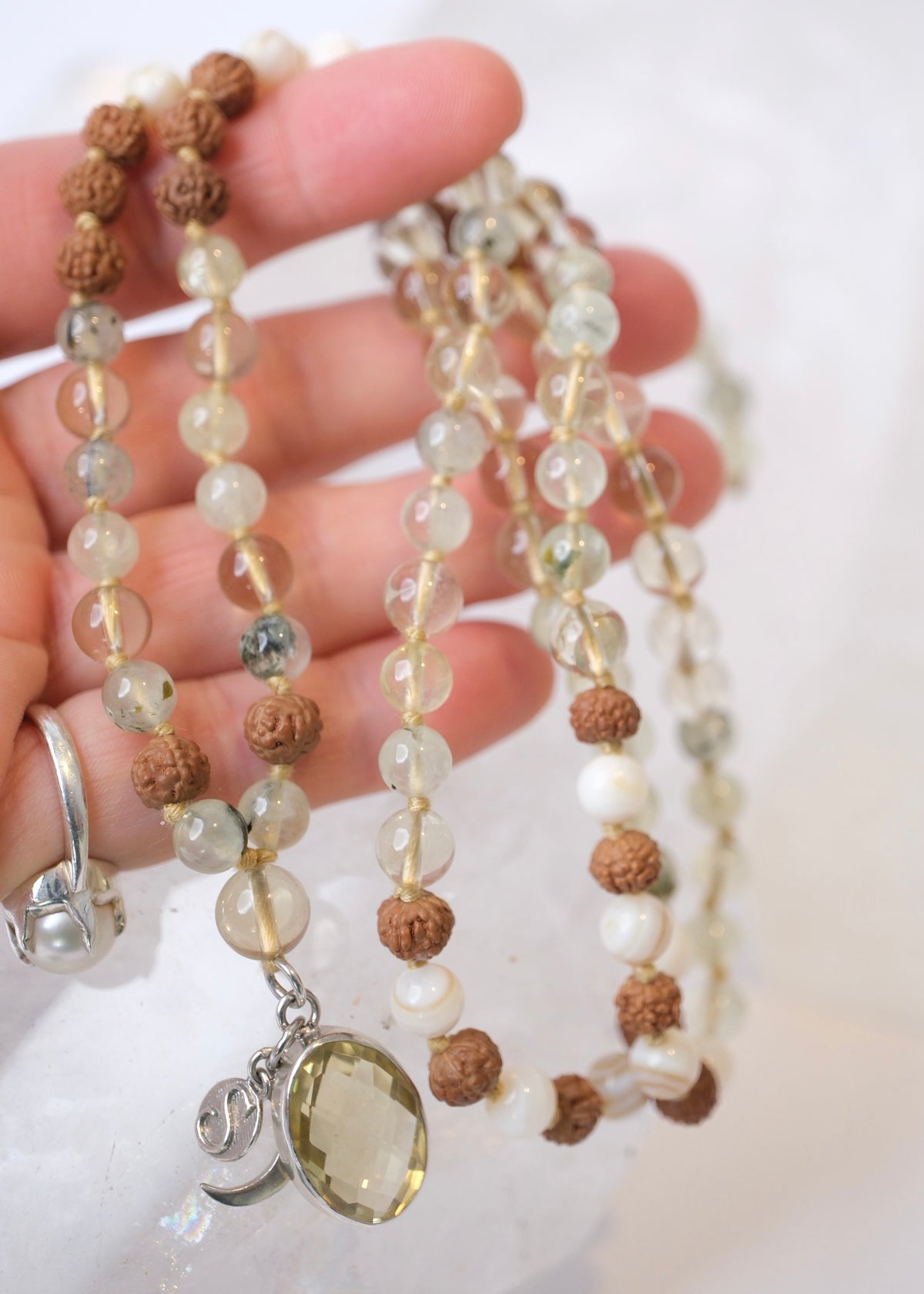 VIMANA The Traveller Insight Mala  | Prehnite, Lemon Quartz, Mother of Pearls Insight Mala