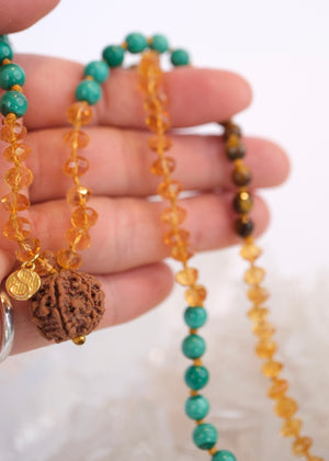 Abundance Mala | 7 Mukhi Rudraksha, rare hand cut finest Citrine, Malachite, Tigers Eye