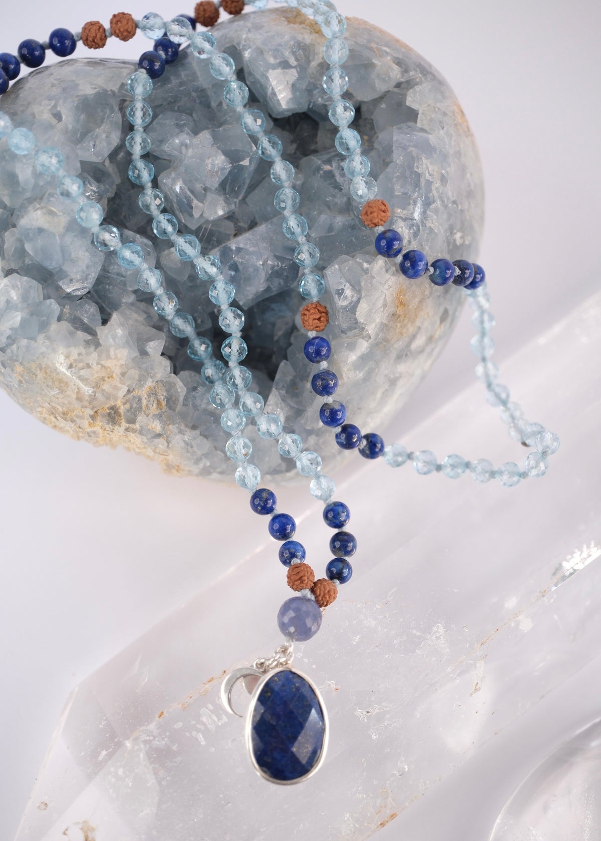 Archangel Raphael mala with faceted lapis lazuli pendant, lapis beads, faceted topaz and Rudraksha