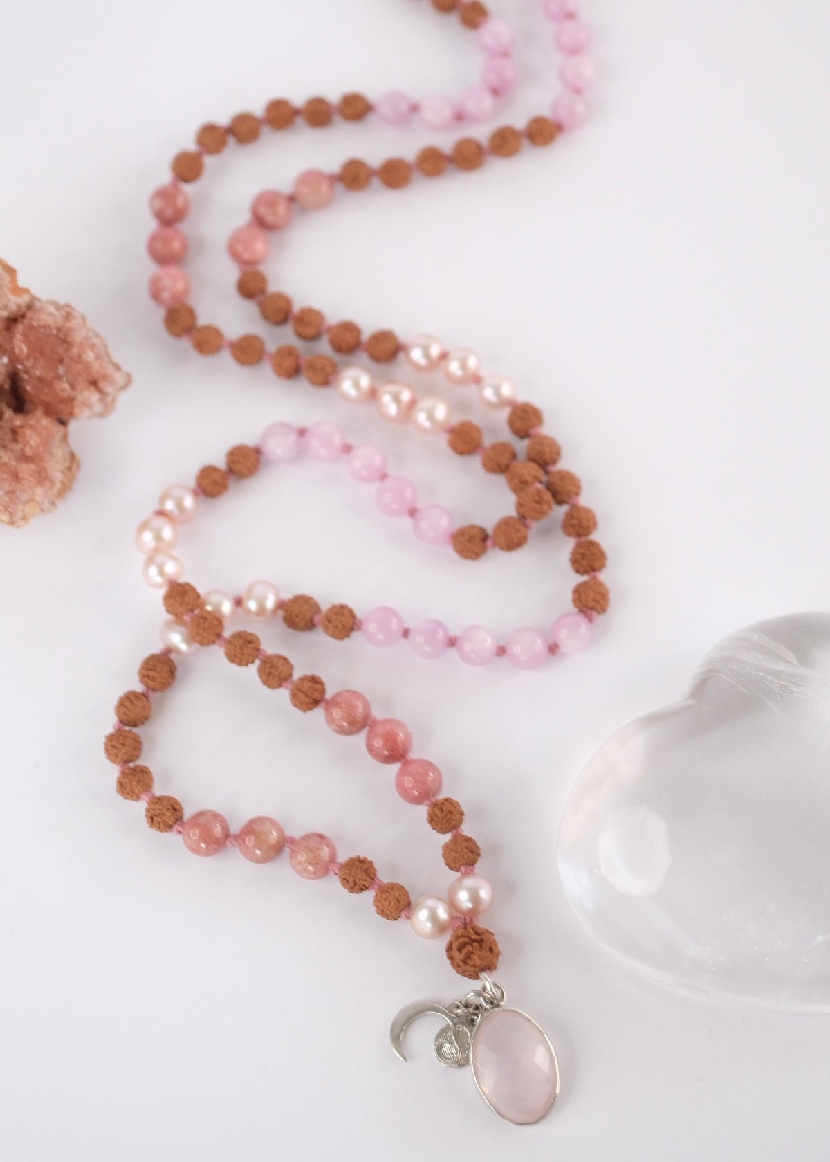 PARVATI ‘The Divine Feminine Mala’ | Pink Pearl, Kunzite, Thulite, Rose Quartz, Rudraksha