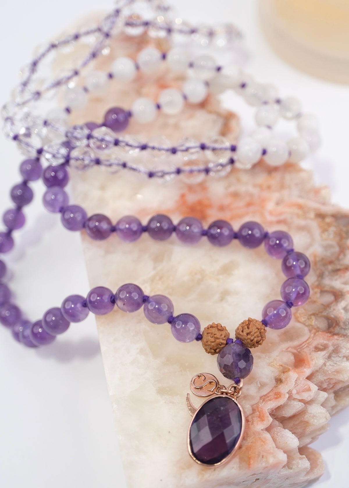 AURA Cleanse Mala | Amethyst, Moonstone, Himalaya Quartz