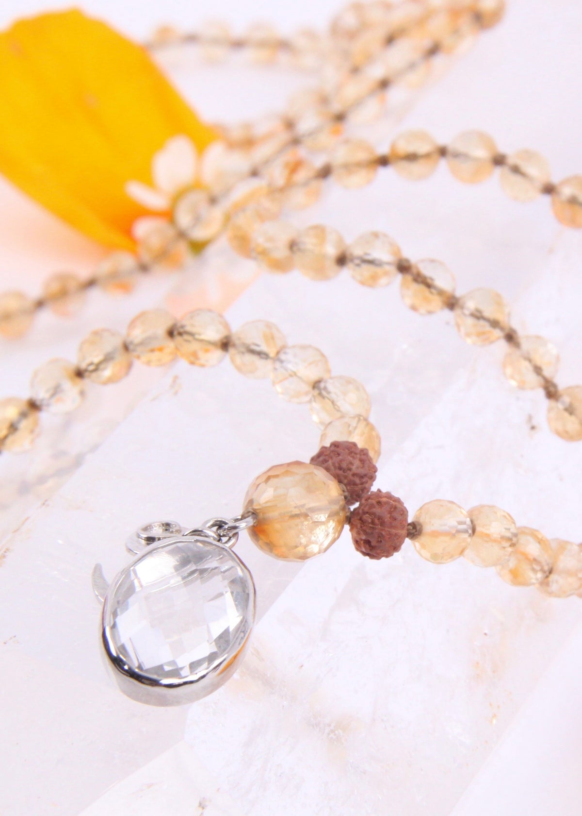 KUBER Divine Treasure Mala | Faceted Citrine, Himalayan Quartz Pendant