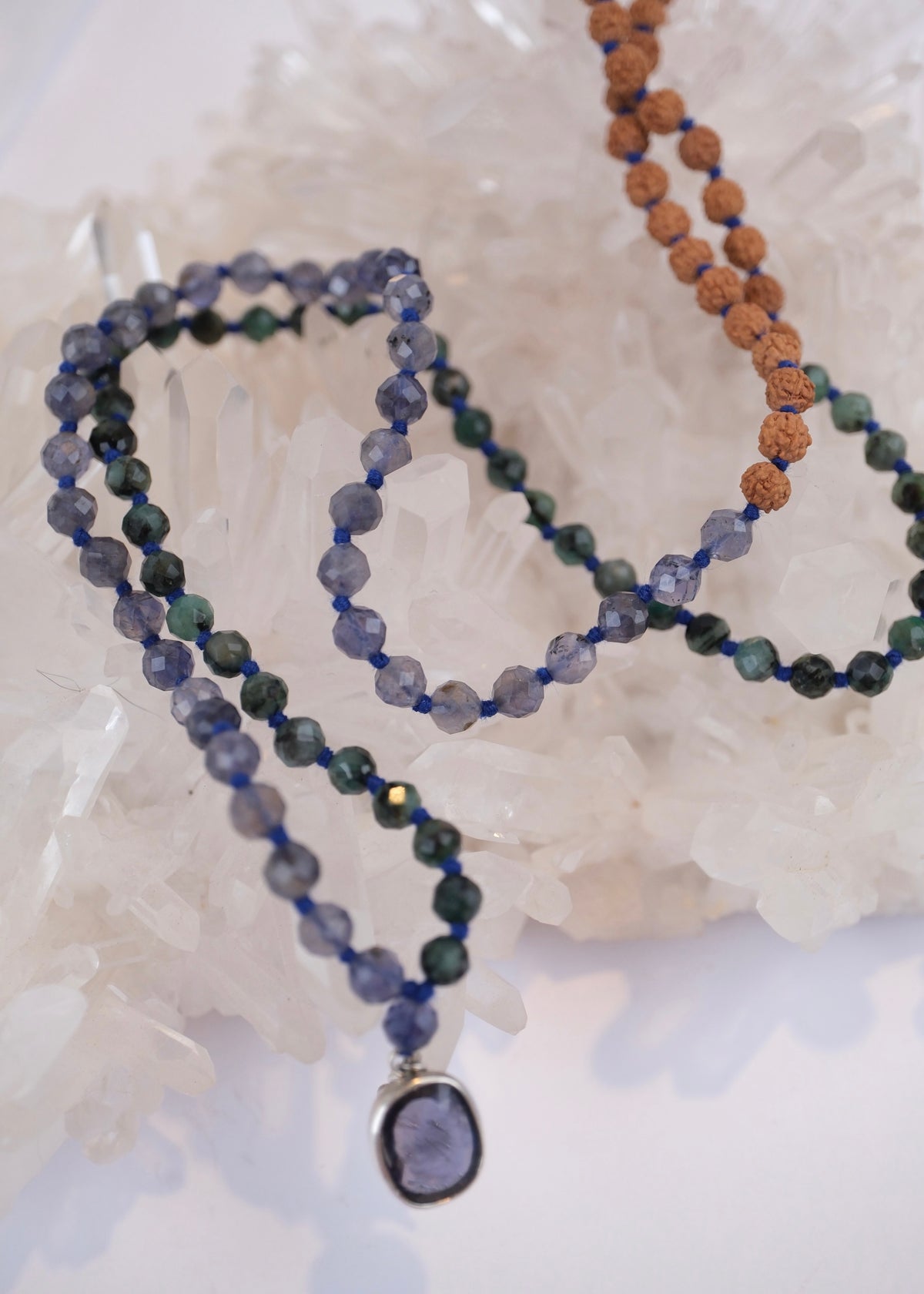 DEVAKA Divine, Celestial Mala | Emerald, Iolite & Rudraksha