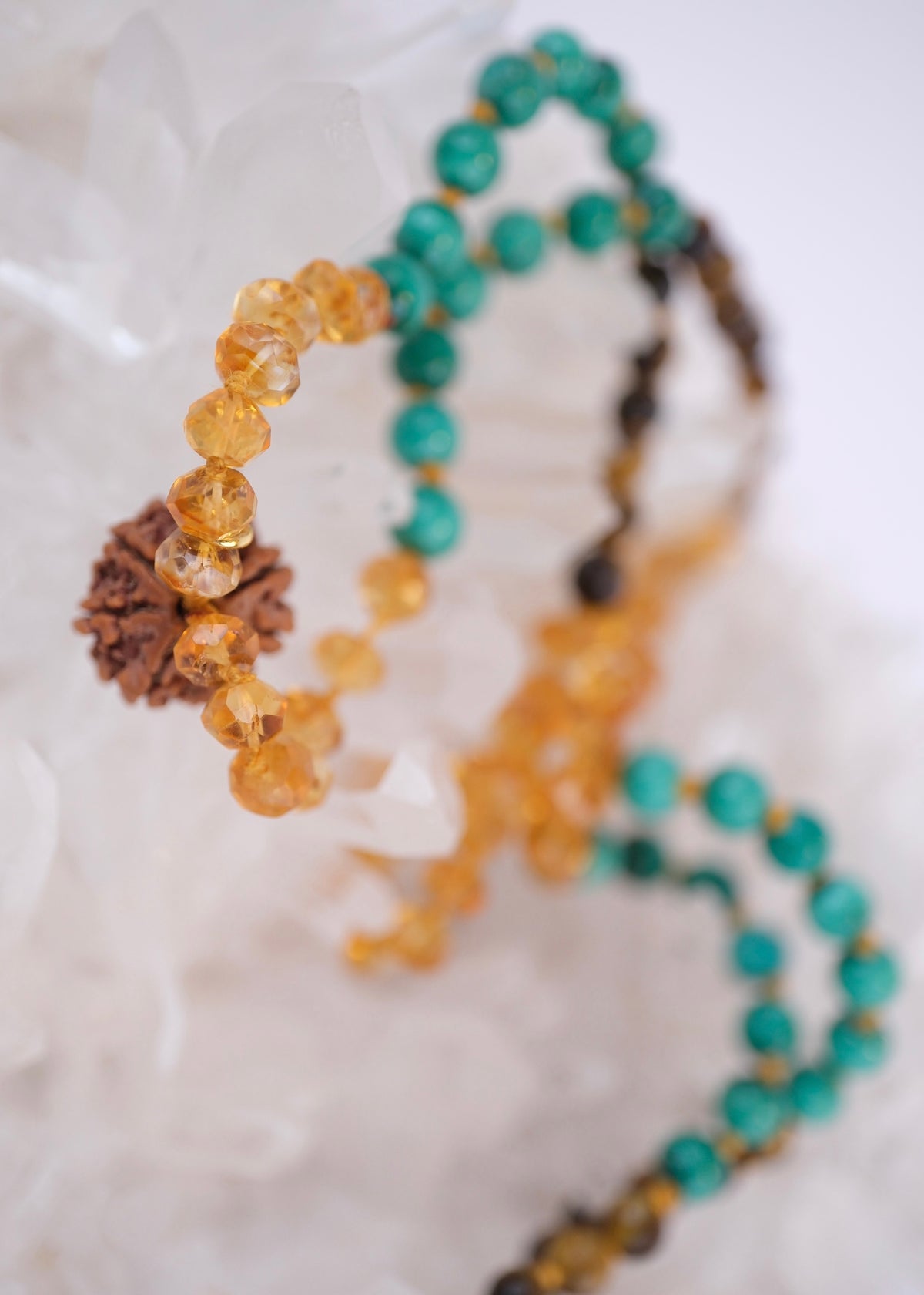 Abundance Mala | 7 Mukhi Rudraksha, rare hand cut finest Citrine, Malachite, Tigers Eye