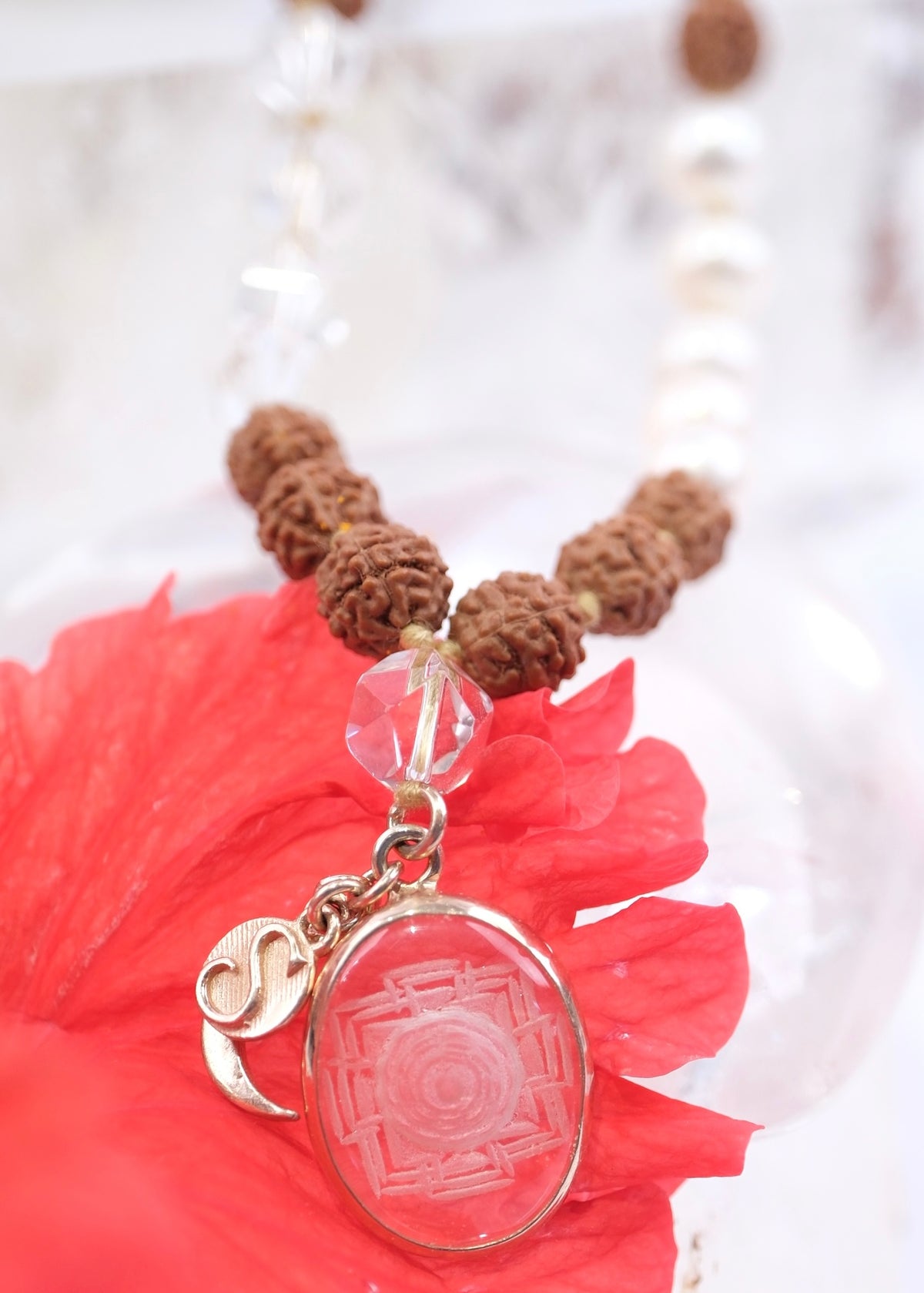 DEVI of HIMALAYA | Rudraksha with Sri Yantra Pendant, Pearl &amp; Herkimer Quartz Diamond | For the Ultimate Spiritual Tool