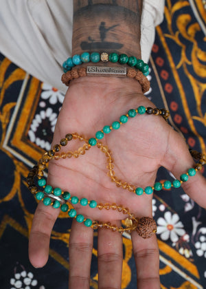 Abundance Mala | 7 Mukhi Rudraksha, rare hand cut finest Citrine, Malachite, Tigers Eye