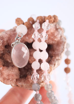 Rose Quartz and Labradorite Mala Beads with Rose Quartz Pendant set in Sterling Silver